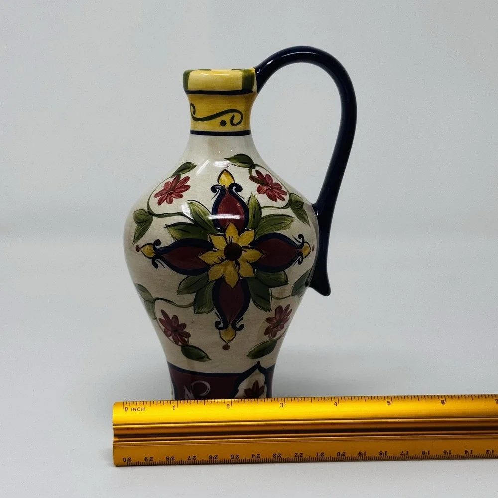 Pier 1 Vallarta Hand Painted Earthenware Oil Cruet & 4 Dip Bowls Floral Colorful